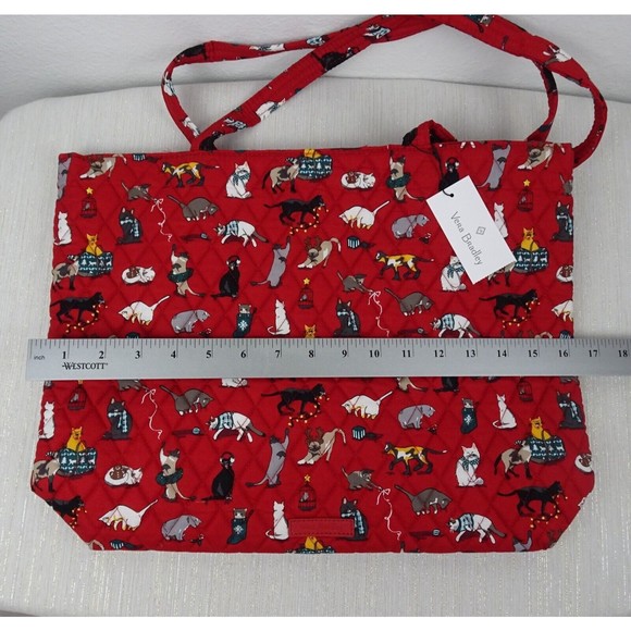 Vera Bradley Tote Holiday Cats Factory Style Essential Red Signature Cotton New - Picture 11 of 12